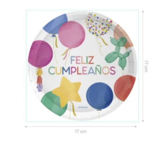 Plato llano postre cartón 17 cm GLOBOS (6 uds)